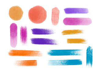 watercolor brush strokes set. Grunge texture colorful ink stripes and round shapes. Creative hand drawn drawings. Paintbrush splashes collection.