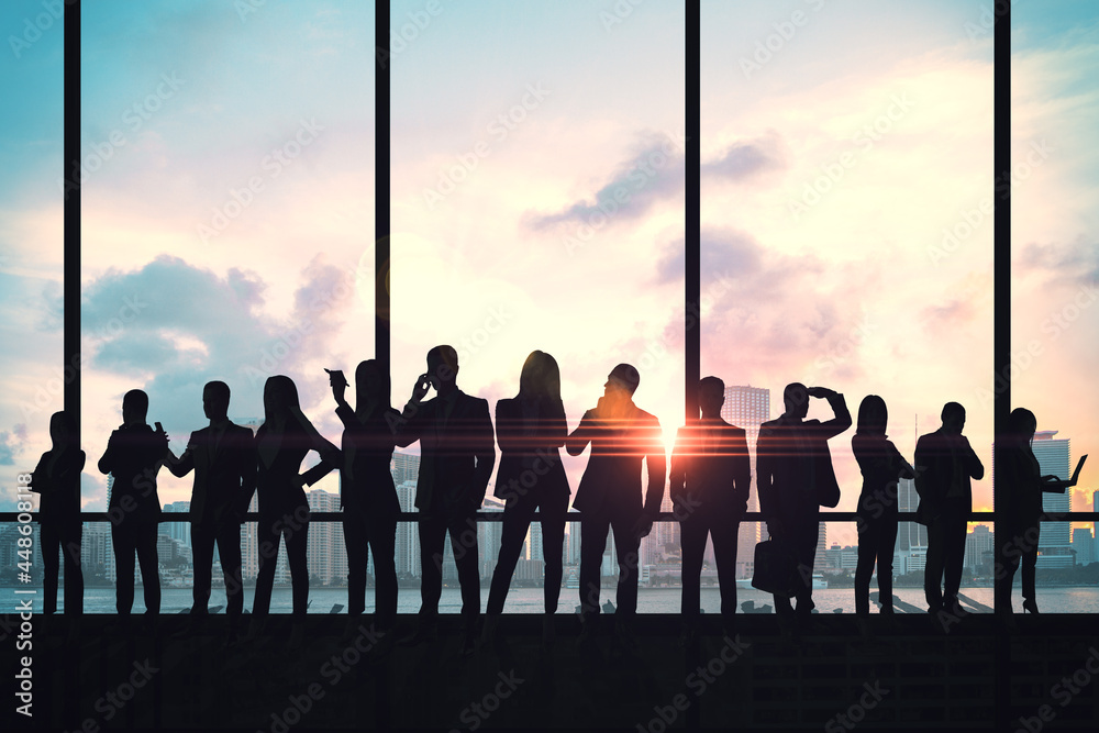 Poster crowd of backlit businesspeople standing in abstract interior with city view and mock up place on pa