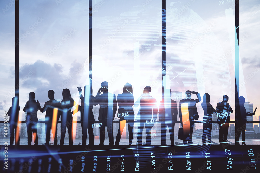 Poster crowd of backlit businesspeople standing in abstract interior with forex chart and city view through