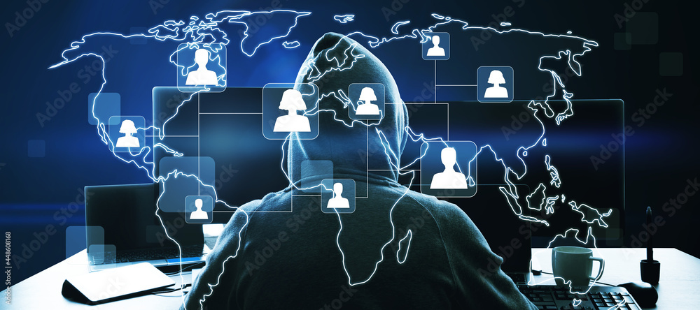 Poster Back view of hacker at desktop using computers with glowing map and people icons. Social media hacking concept. Double exposure.