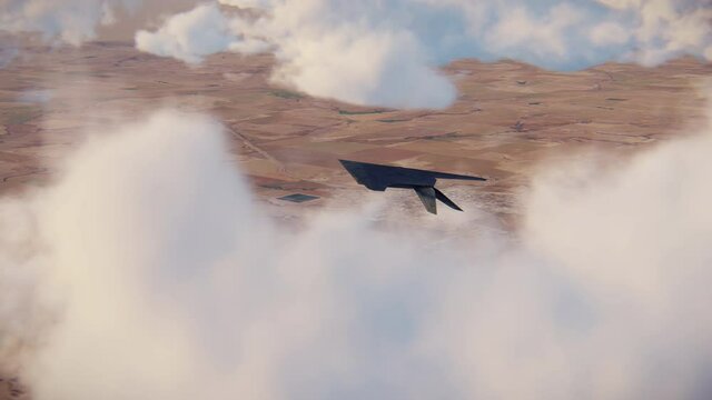 F-117 Nighthawk stealth bomber flies through the clouds over the landscape - 3d animation