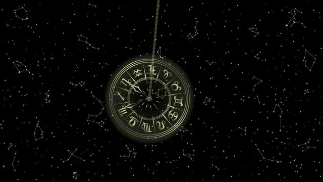 Animation of Black and Golden Swinging Pendulum with Horoscope Symbol. Single Object Isolated on Starry Night Background. Panoramic Sky Map of Hemisphere. Loop Seamless Stock Footage. 3D Graphic