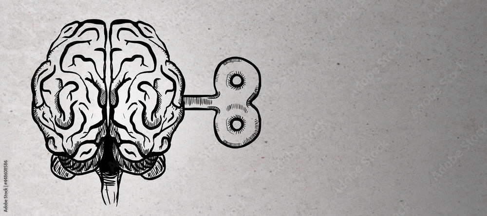 Poster creative brain sketch with wind-up mechanism on concrete wall background with mockup place. intellig