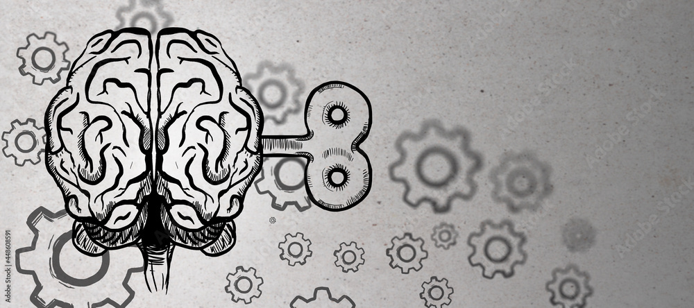 Poster creative brain sketch with wind-up mechanism and gears on concrete wall background. intelligence, st