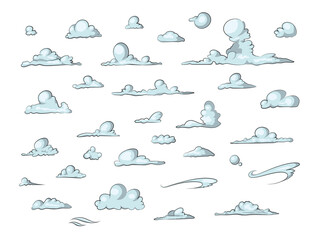 Set of blue sky, clouds isolated. Cloud icon, cloud shape. Collection of different clouds. Graphic element vector. Vector design element in cartoon style