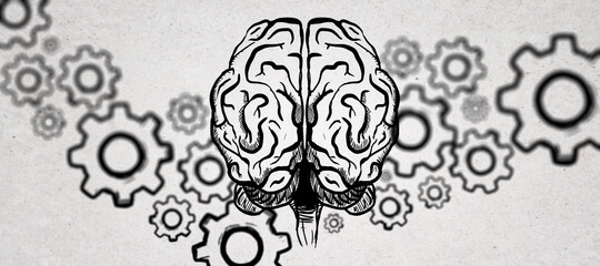 Wide brain sketch with gears on concrete wall background. Intelligence, strategy, knowledge, psychology and solution concept.