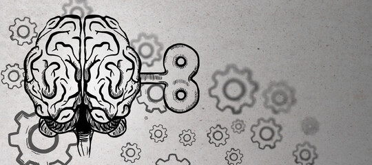 Creative brain sketch with wind-up mechanism and gears on concrete wall background. Intelligence, strategy, knowledge, psychology and solution concept. - obrazy, fototapety, plakaty