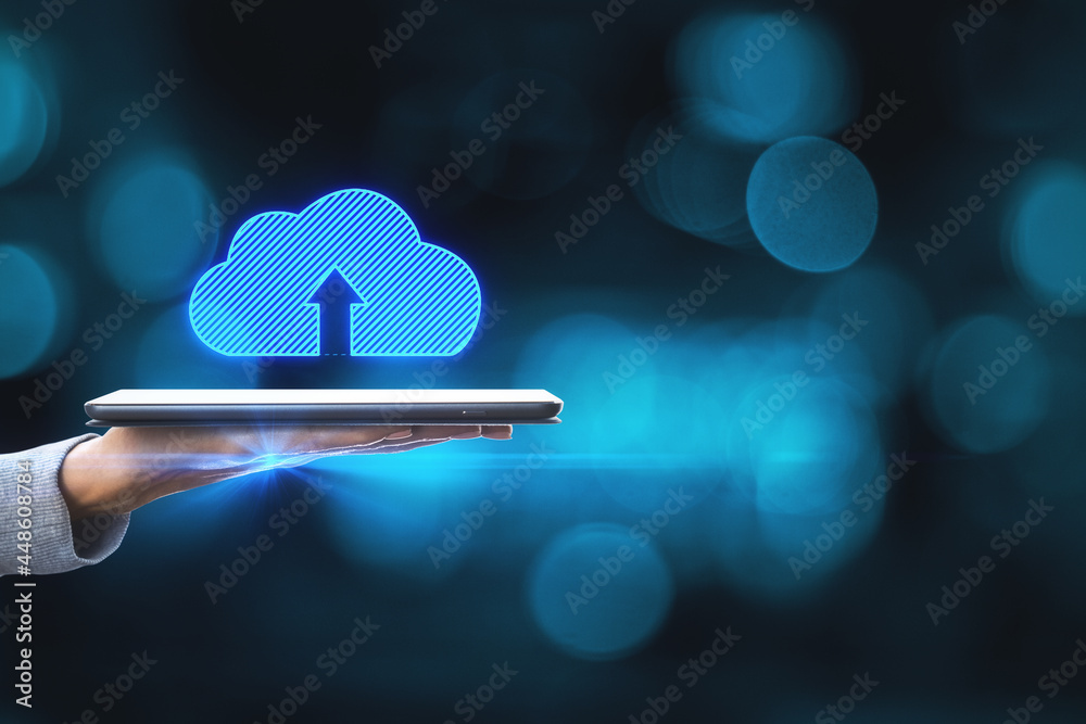 Poster Close up of female hands holding smartphone with abstract digital clouds on blue bokeh background with mock up place. Cloud computing and data concept.