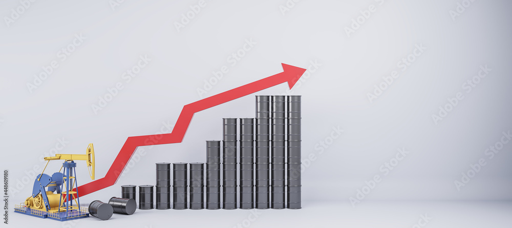 Poster oil pump and barrels with rising red arrow on white background with mock up place. market and econom