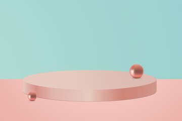 Advertising platform Vector illustration in minimal style Oval showcase and gold balls on pastel turquoise and pink backdrop