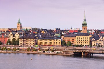 Fototapeta na wymiar Stockholm sunset skyline. Moody city view in Stockholm, Sweden.