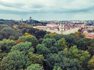 Fototapeta na wymiar aerial view of autumn european city overcast stormy weather