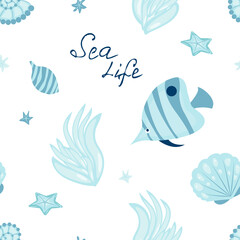 Seamless pattern with cute fish and seashells - vector illustration, eps