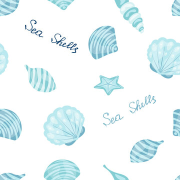 Seamless pattern with cute seashells and starfish - vector illustration, eps