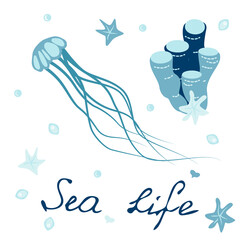 Postcard with a jellyfish and a handwritten inscription sea life - vector illustration, eps