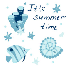 poster with the image of a sea fish, seashells and algae with the inscription it's summer time - vector illustration, eps