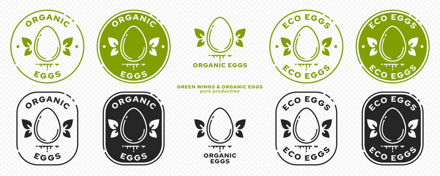 Concept for product packaging. Labeling - natural farm organic eggs. The chicken egg icon with winged leaves is a symbol of natural organic products. Vector set.
