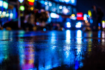 Fototapeta na wymiar Rainy night in the big city, light from the shop windows reflected on the road on which cars travel. View from the level of asphalt