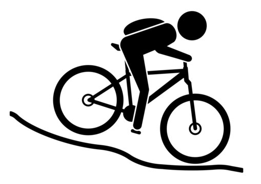 ngi1274 NewGraphicIcon ngi - Mountainbike Piktogramm . MTB . english - mountainbiker riding on a downhill trail - icon . cyclist with backpack riding mountainbike trail . DIN A2, A3, A4 g10650