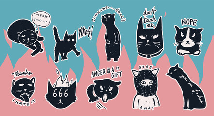A set of " Grumpy Antisocial cats" mean concept pins/ stickers design collection, cute, fun and bad anti social vibe, simple monotone pastel color, flat hand drawn style