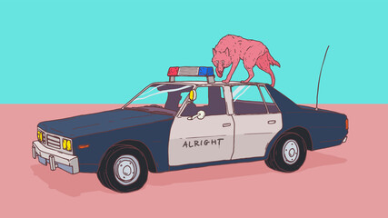 Abandon vintage police car with alright word raw on doorside and pastel pink wolf on roof in flat desert, police and people concept illustration, tint saturaion pastel color © Summer Candy