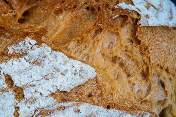 Macro shot on traditional round artisan bread loaf in a cast iron skillet with sprinkled flour and banneton spiral texture. Fresh loaf of homemade bread with golden color, hot from the oven on a towel