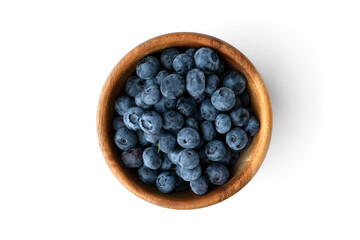 Blueberry in wooden bowl isolated on white background.