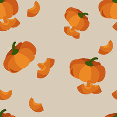Seamless pattern. Fresh whole and pieces of pumpkin isolated on white background. Vegan food. Healthy food concept.