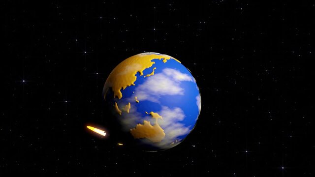 Rocket flies in orbit around the planet earth. 3d cartoon rocket in space. Looped animation.