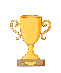 Gold Cup, award to the winner of the competition. With two graceful handles on a stand with a plate.Colored isolated illustrations in a cartoon style on a white background.