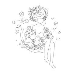 Minimal Line Drawing Woman Flower Images. Girl with flowers. Line Vector illustration. 