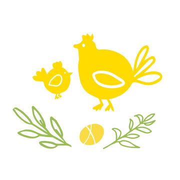Hen with chicken stylization illustration in yellow color isolated on white