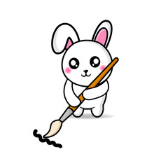 cute bunny holding a painting brush design mascot kawaii
