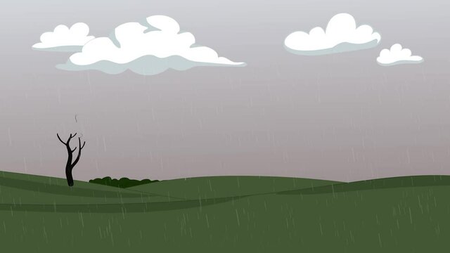 lightning strikes a tree in a glade in the rain, cartoon, animation, infographics