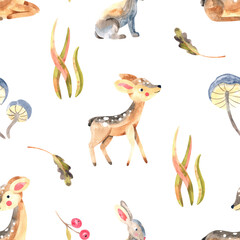 seamless pattern with watercolor deer and hare on white background. Forest animals seamless backdrop. Autumn mood