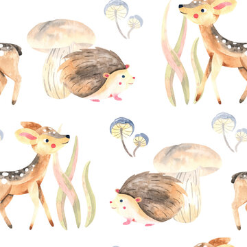 seamless pattern with watercolor deer and hedgehog on white background with mushrooms. Forest animals seamless backdrop. Autumn mood