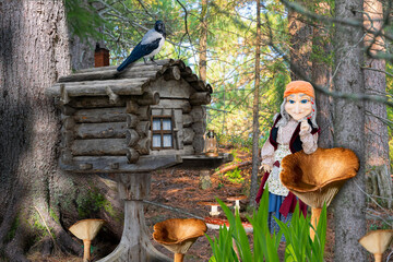 A hut on chicken legs stands in a fairy-tale, magical forest. A witch's dwelling, Baba Yagi with a ...