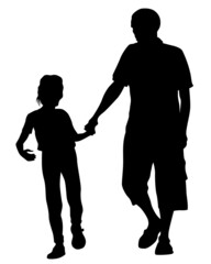 Father and son are walking down the street together. Isolated silhouette on white background
