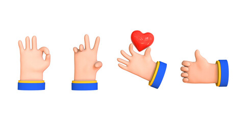 Set of 3d hands gestures and holding heart. Trendy 3d illustration on white background