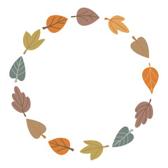 Autumnal wreath round frame with colorful leaves foliage. Autumn laurel fall design. Hand drawn vector illustration background in simple style isolated on white. Copy space.