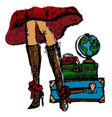 Colored grunge rough freehand drawing of female legs on the background of suitcases and a globe. A girl in knee-high boots with high heels and a dress stands against the background of luggage