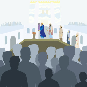 Assembling the Jewish People Vector drawing of dozens of men and women gathering in the Temple in Jerusalem. Looking at the king holding a Torah scroll and the high priest on a large wooden platform