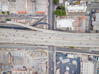 Los Angeles, CA, LA County, July 28, 2021: Aerial Drone Top View of Freeway Interstate 110 in LA...