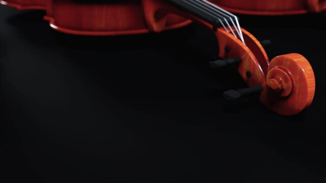 Violins in row isolated on black background - Video in Full HD and 24 FPS with big black areas for copy.