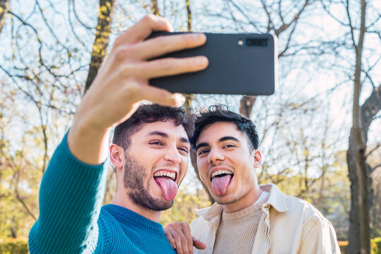 Happy gay couple taking selfie on smartphone