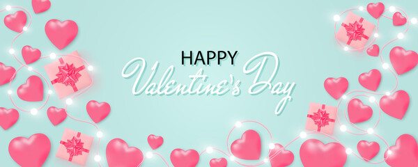 Fototapeta na wymiar Happy Valentines Day Banner With Shining Lights Garland Light Bulbs Hearts Gift Box