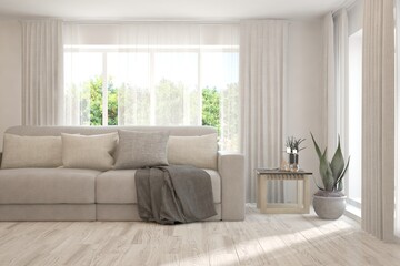White living room with sofa and summer landscape in window. Scandinavian interior design. 3D illustration