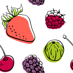 Seamless pattern with berries in colorful line sketchy style isolated on white background. Doodle hand drawn vector illustration