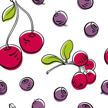 Seamless pattern with berries in colorful line sketchy style isolated on white background. Doodle hand drawn vector illustration