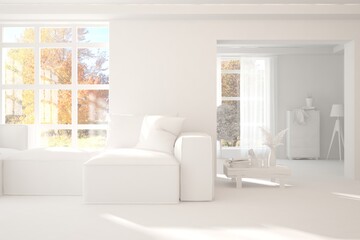 Stylish room in white color with sofa and autumn landscape in window. Scandinavian interior design. 3D illustration